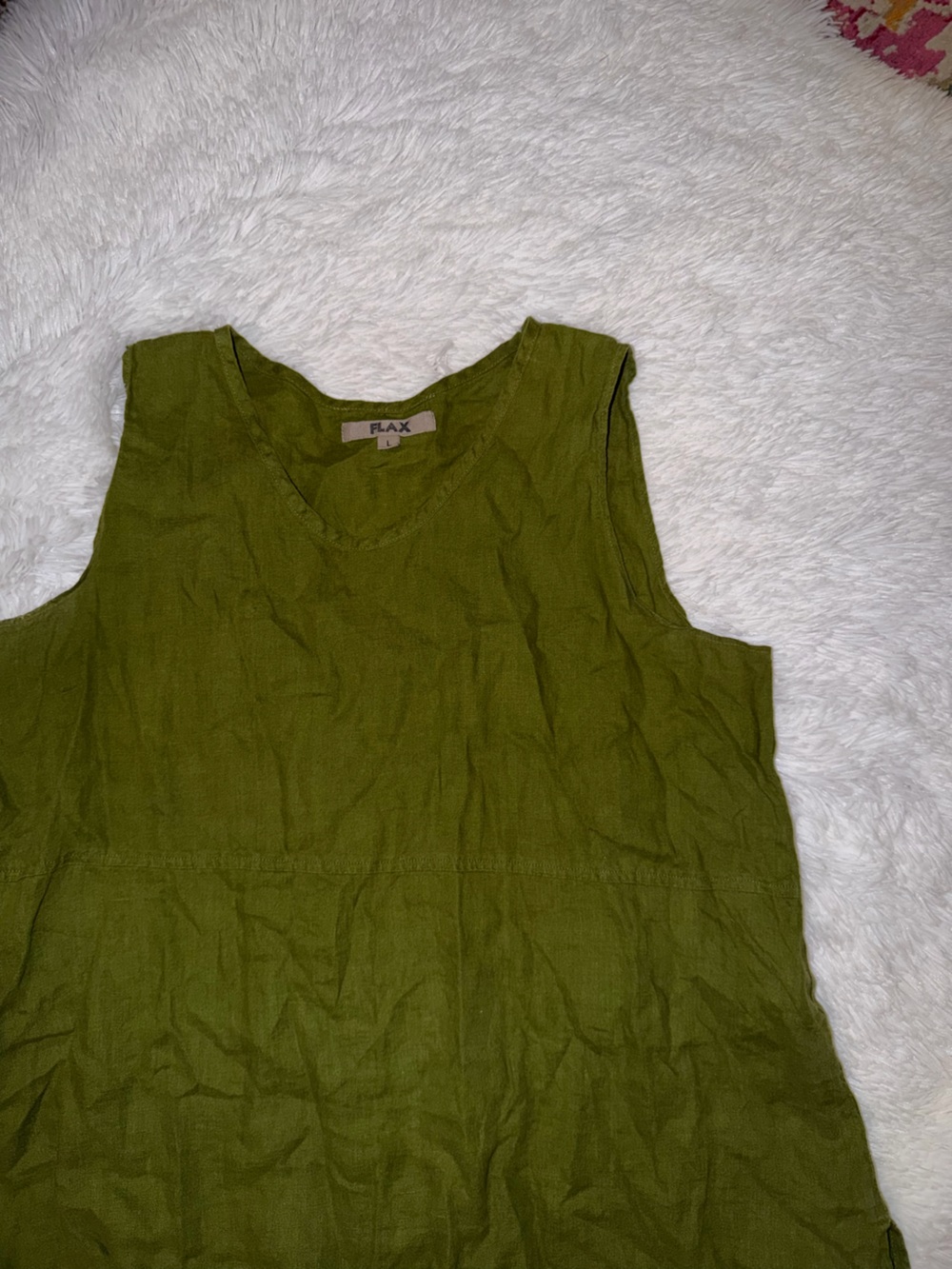 Flax Olive Linen V-Neck Sleeveless Tank 100% Linen Size Large